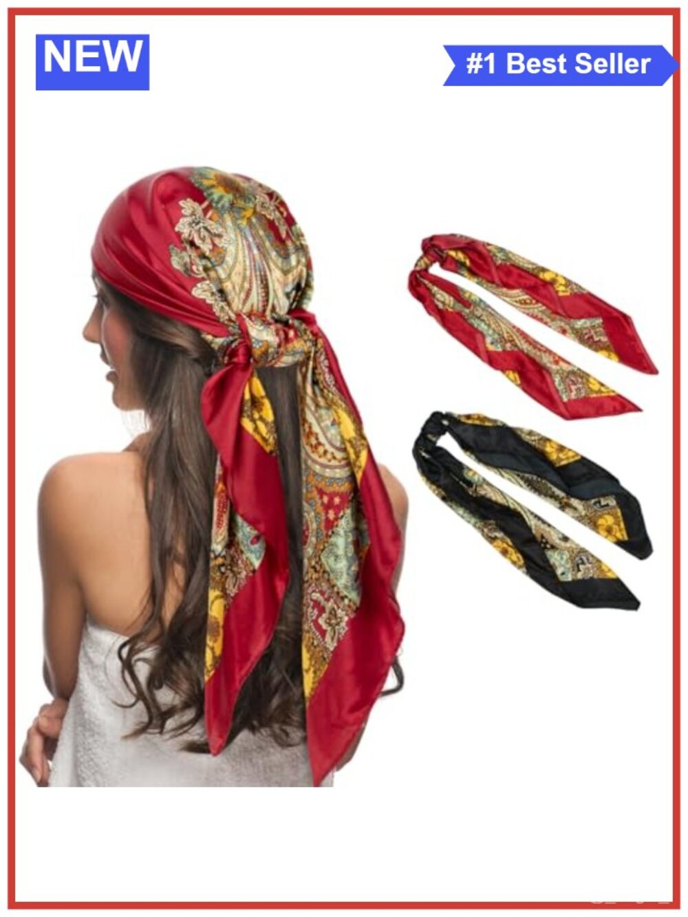 2-Pack 35" Silk Head Scarf Hair Wrap Bandana Neck Scarf Set